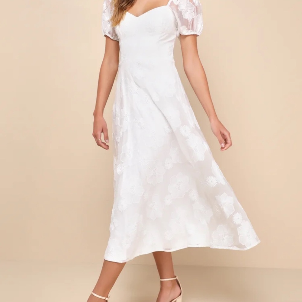 Lulus Sweetest Behavior White Embroidered Puff Sleeve Midi Dress
